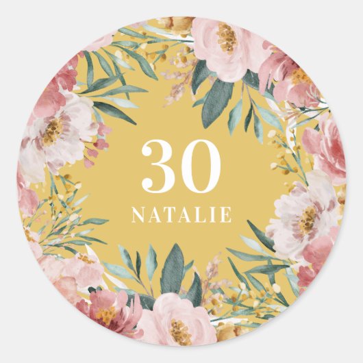 Girly waterverf bloemenverjaardag geel ronde sticker (Voorkant)