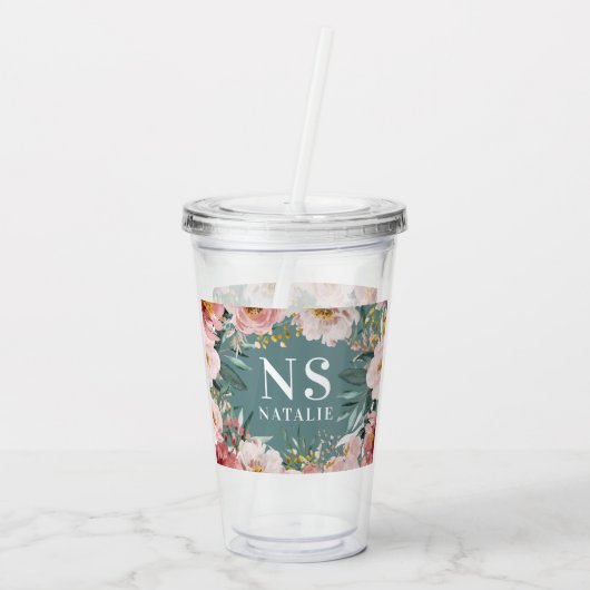 Girly waterverf roze bloemenverjaardag elegante ma acryl drinkbeker (Achterkant)