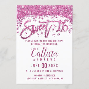 Girly White Bright Pink Glitter Dust Sweet 16 Kaart