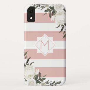 Girly White Floral Roze Gestreept Ingelijst Monogr iPhone XR Hoesje