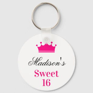 Girly White Hot Pink Sweet 16 Princess Crown Name Sleutelhanger