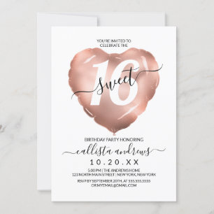 Girly White Rose Gold Foil Heart Ballon Sweet 16 Kaart