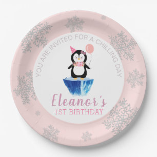Girly Winter Pink Silver Cute Penguin Birthday Papieren Bordje