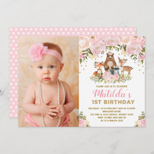 Girly Woodland Animals 1st Birthday Pink Floral Kaart