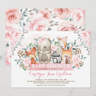 Girly Woodland Animals Chic Pink Roses Baby shower Kaart