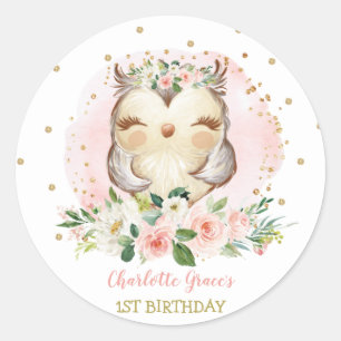 Girly Woodland Baby Uil 1e Verjaardagsfeestgunsten Ronde Sticker