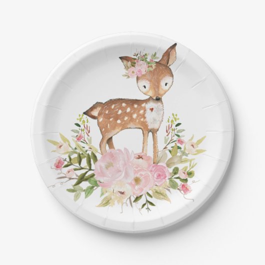 Girly Woodland Deer Pink Floral Forest Birthday Papieren Bordje (Voorkant)