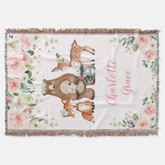 Girly Woodland Dieren Nursery Decor Blush Bloemen Deken (Voorkant)
