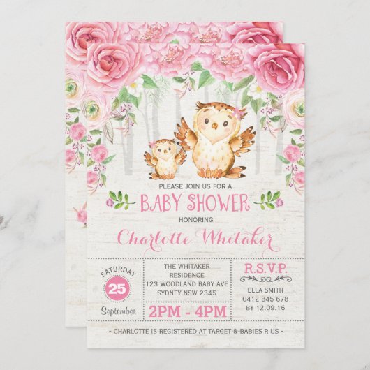 Girly Woodland Uil Roze Bloemen Baby shower Uitnod Kaart (Voorkant / Achterkant)