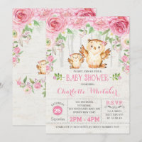Girly Woodland Uil Roze Bloemen Baby shower Uitnod