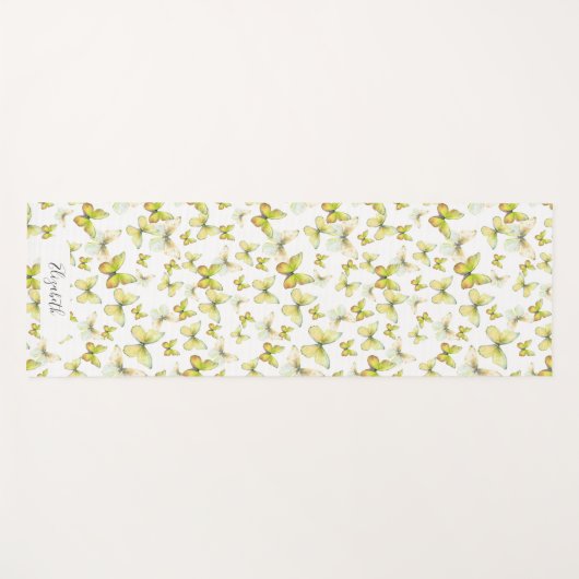 Girly Yellow Pastel Butterflies Aangepaste naam Yogamat (Voorkant (horizontaal))