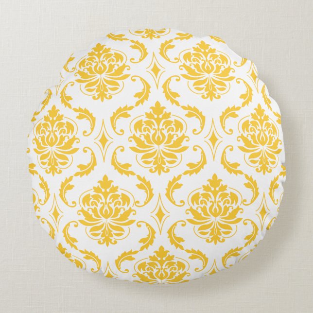 Girly Yellow White  Damask Pattern Rond Kussen (Voorkant)