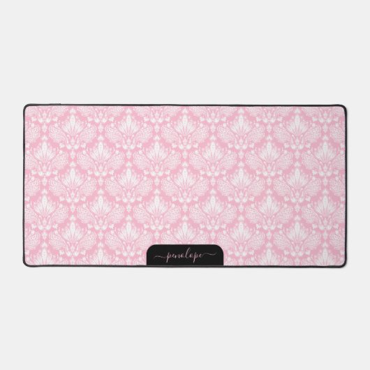 Girly zacht roze en wit damast patroon monogram bureaumat (Voorkant)