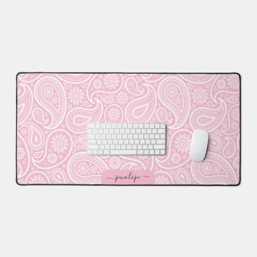 Girly zacht roze en wit paisley custom monogram bureaumat (Keyboard & Muis)