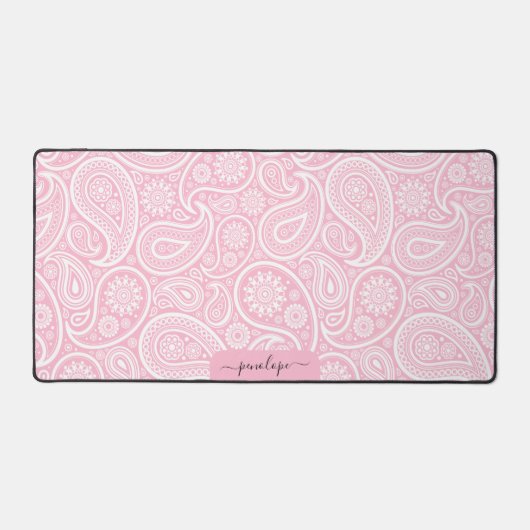 Girly zacht roze en wit paisley custom monogram bureaumat (Voorkant)