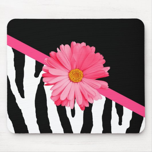 Girly Zebra Pattern Cute Pink Daisy met naam Muismat (Voorkant)