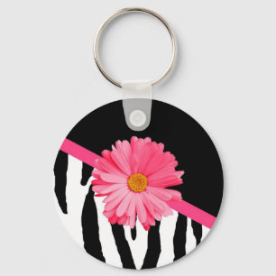 Girly Zebra Pattern Cute Pink Daisy met naam Sleutelhanger