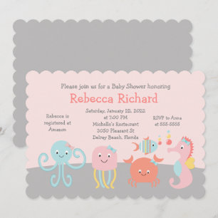 Girly Zee Ocean Life Pink Baby shower Uitnodiging