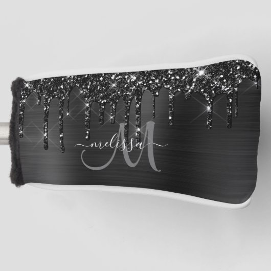 Girly Zwart Geborsteld Metaal Dripping Glitter Naa Golfheadcover (Voorkant)
