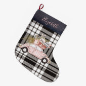 Girly zwart geruite roze auto monogrammed grote kerstsok (Voorkant (Hangend))