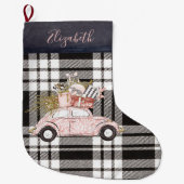 Girly zwart geruite roze auto monogrammed grote kerstsok (Voorkant)