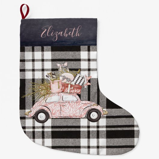Girly zwart geruite roze auto monogrammed grote kerstsok (Voorkant)