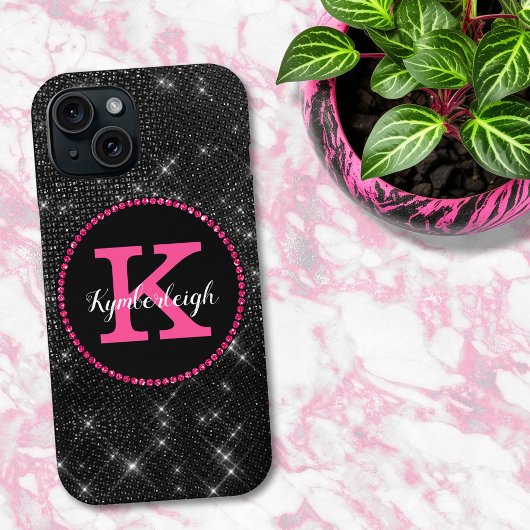 Girly Zwart Heet Roze Glam Diamant Monogram Naam Case-Mate iPhone Case