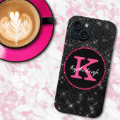 Girly Zwart Heet Roze Glam Diamant Monogram Naam Case-Mate iPhone Case