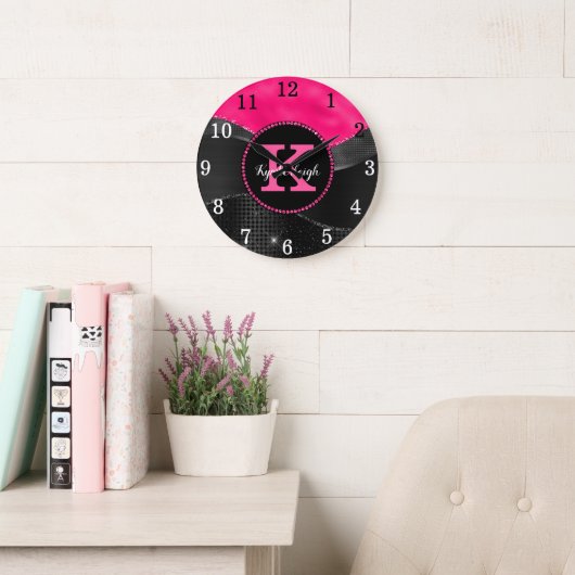 Girly Zwart Heet Roze Grijs Waves Glam Monogram Na Grote Klok (Leeskamer)