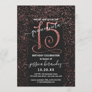 Girly Zwart Roos Goud Confetti Border Quinceañera Kaart