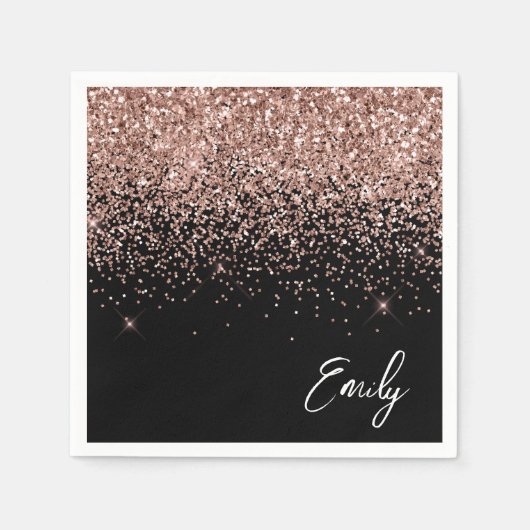 Girly Zwarte Roze Gouden Blush Roze Glitter Monogr Servet (Voorkant)