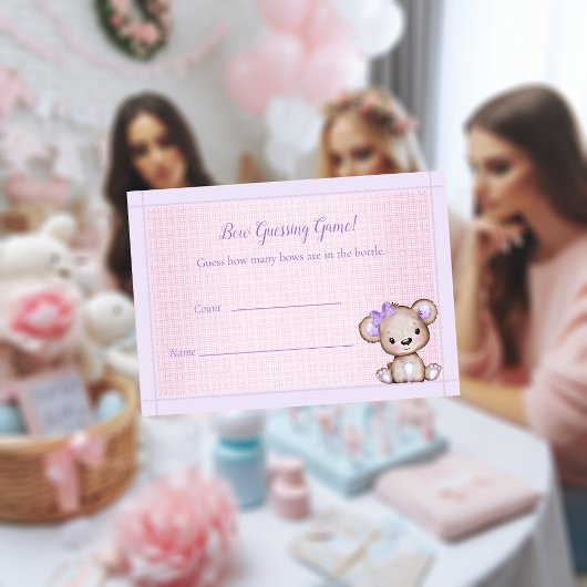 Gissing Count Baby shower Leuk Paarse Beer spel Informatiekaartje