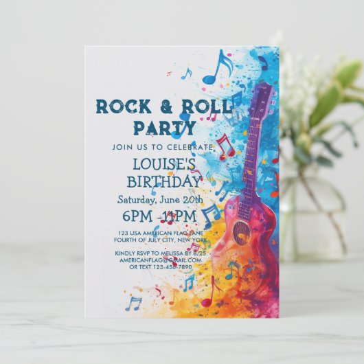 Gitaar en noten Rock And Roll feest uitnodiging (Staand voorkant)