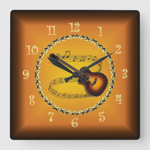 Gitaar op Musical Scroll & Russet Sinaasappel ~ Vierkante Klok