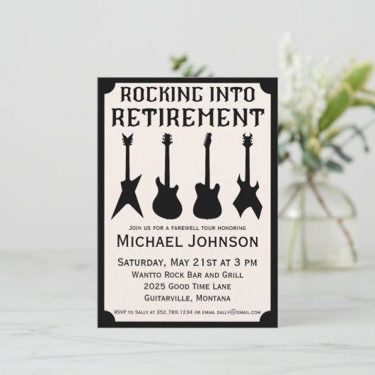 Gitaar Rock 'n' Roll Pensioenfeest Uitnodiging (Staand voorkant)