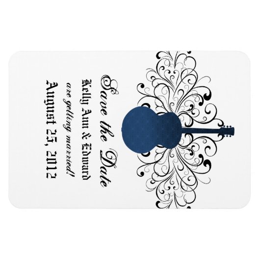 Gitaar Save the Date-magneet met krullen, blauw Magneet (Horizontaal)