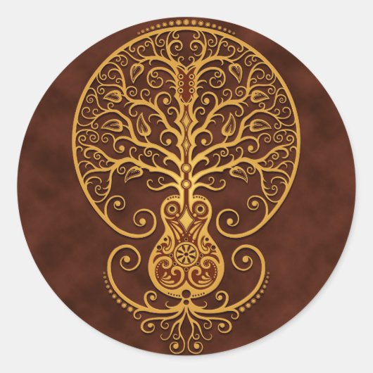 Gitaarboom, goudbruin ronde sticker (Voorkant)