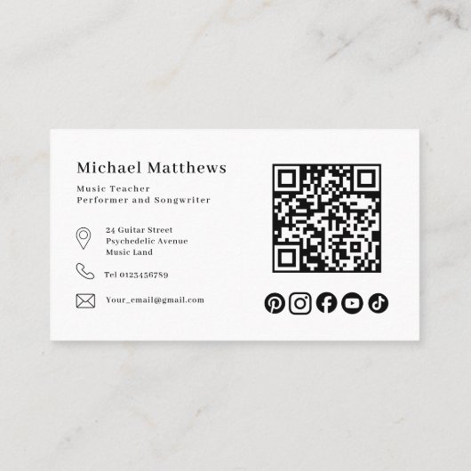 Gitaarleraar QR-code en Social Media Custom Visitekaartje (Achterkant)