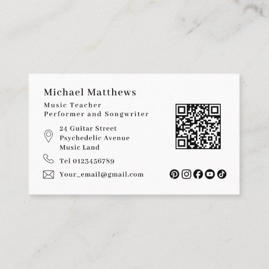 Gitaarmuziekdocent QR Code Social Media Custom Visitekaartje (Achterkant)