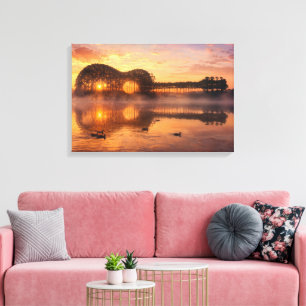 Gitaarsilhouet Bomen met Eenden op Sunrise Meer Canvas Afdruk