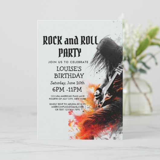 Gitaarspeler en Rock And Roll-feestuitnodiging Kaart (Staand voorkant)