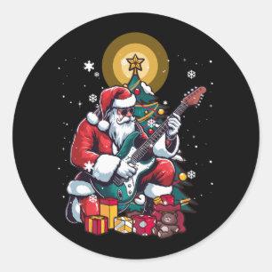 Gitarist Santa Spelen Elektrische Gitaar Kerstmis Ronde Sticker