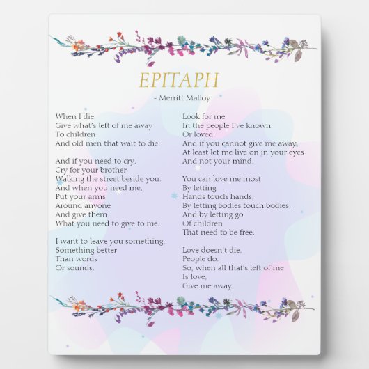 Give Me Away Epitaph Poem Tabletop Plaque (Devant)