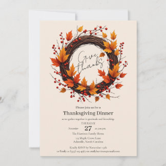 Give Thanks Autumn Wreath Thanksgiving Invitation