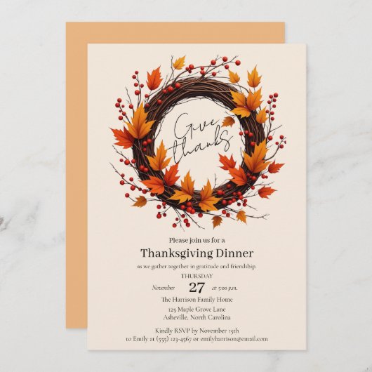 Give Thanks Autumn Wreath Thanksgiving Invitation Save The Date (Voorkant / Achterkant)