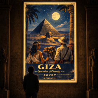 Giza Egypte Nacht Vintage Reisposter | Maneschijn Poster