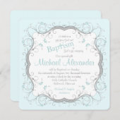 Glace Blue Grey Scroll Floral Baptism Invitation (Devant / Derrière)
