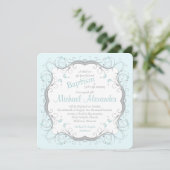 Glace Blue Grey Scroll Floral Baptism Invitation (Debout devant)