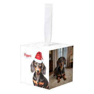Gladde Dachshund Twee Foto's Kerstvakantie Kubus Ornament