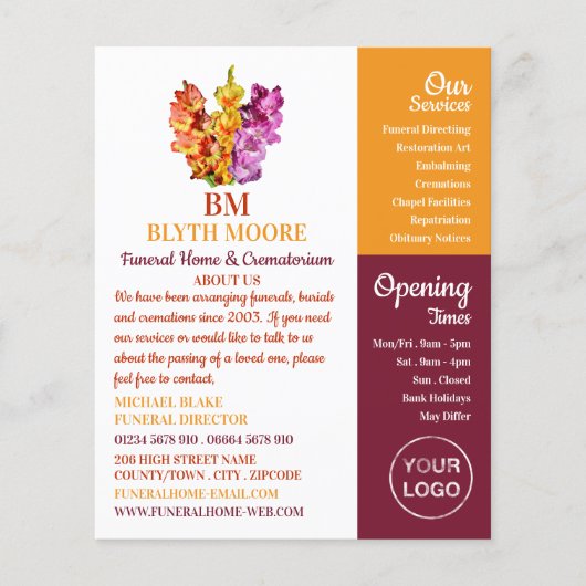 Gladiolus Flowers, Funeral Home, Directors Flyer (Voorkant)